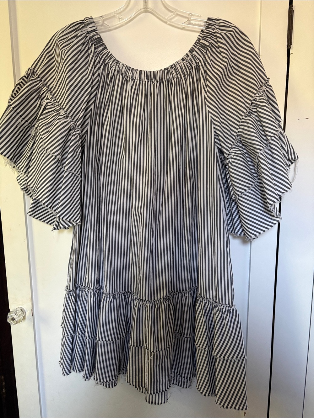 Zara Striped Ruffle Sleeve Dress - Navy and White